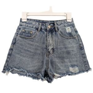 Shein‎ Distressed Jean Shorts XS Women Light Wash Raw Hem High Rise Ripped Denim